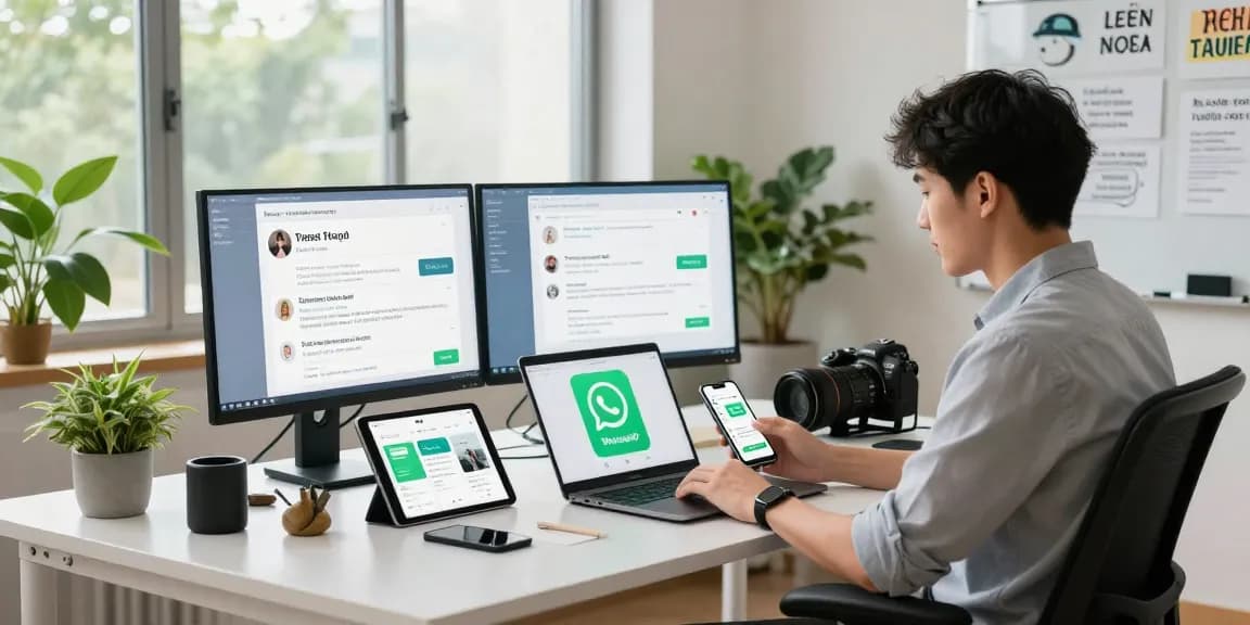 Download WhatsApp下載 efficiently in a modern workspace with vibrant tech environment