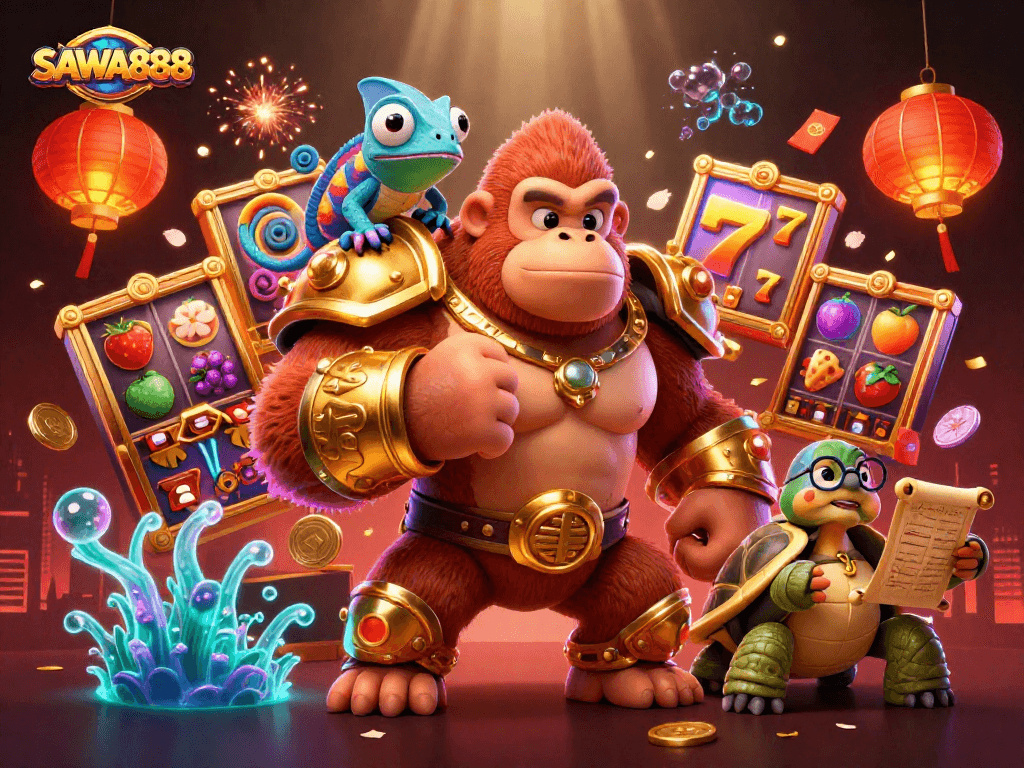 Experience thrilling gameplay at SAWA888 with exciting slot reels and vibrant characters.