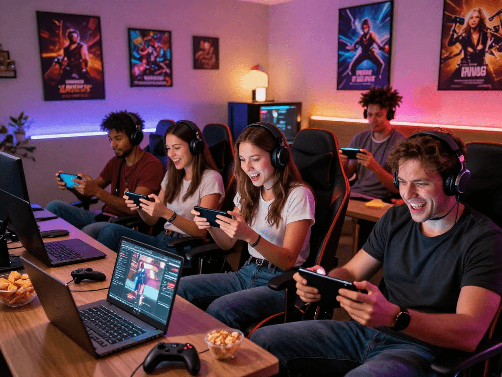 Interactive sex simulator gaming scene with diverse players enjoying adult games, cozy atmosphere featuring devices and colorful lighting.