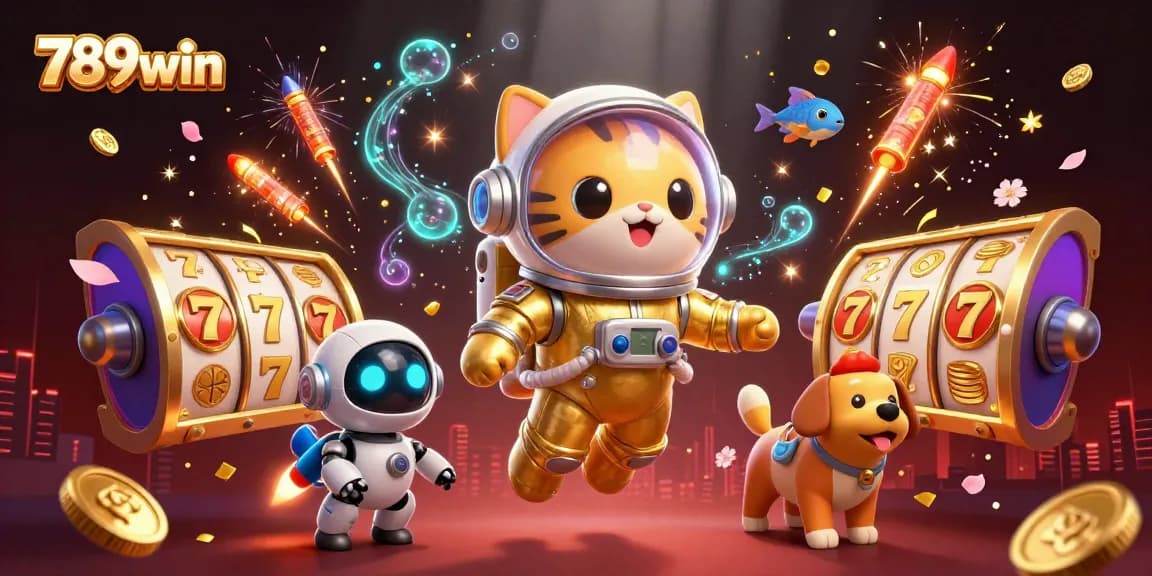 Engage with 789win's vibrant 3D scene merging space fun and casino excitement with slot reels and festive effects.