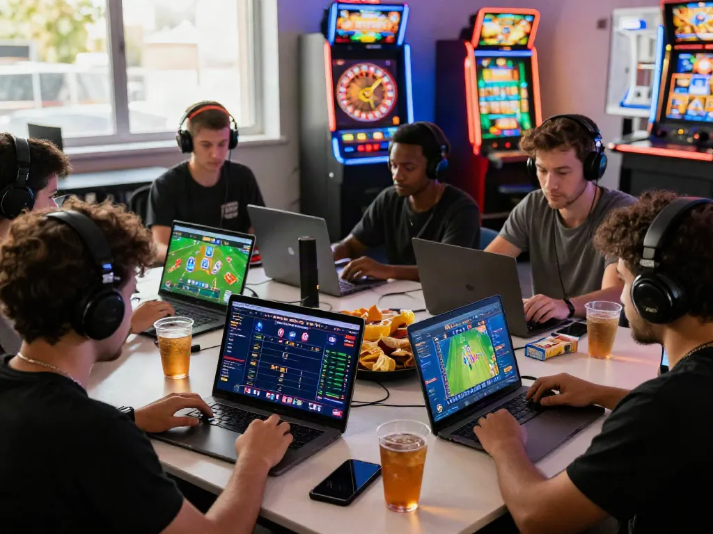 DEBET.com online gaming experience with players focused on exciting card and sports betting games, highlighting vibrant and immersive elements.