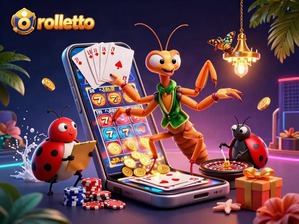 Experience rolletto's vibrant casino atmosphere with lively characters and slot game action.