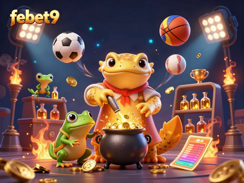 Bet on febet9 with a vibrant 3D casino scene featuring golden elements and sports balls dynamically soaring.