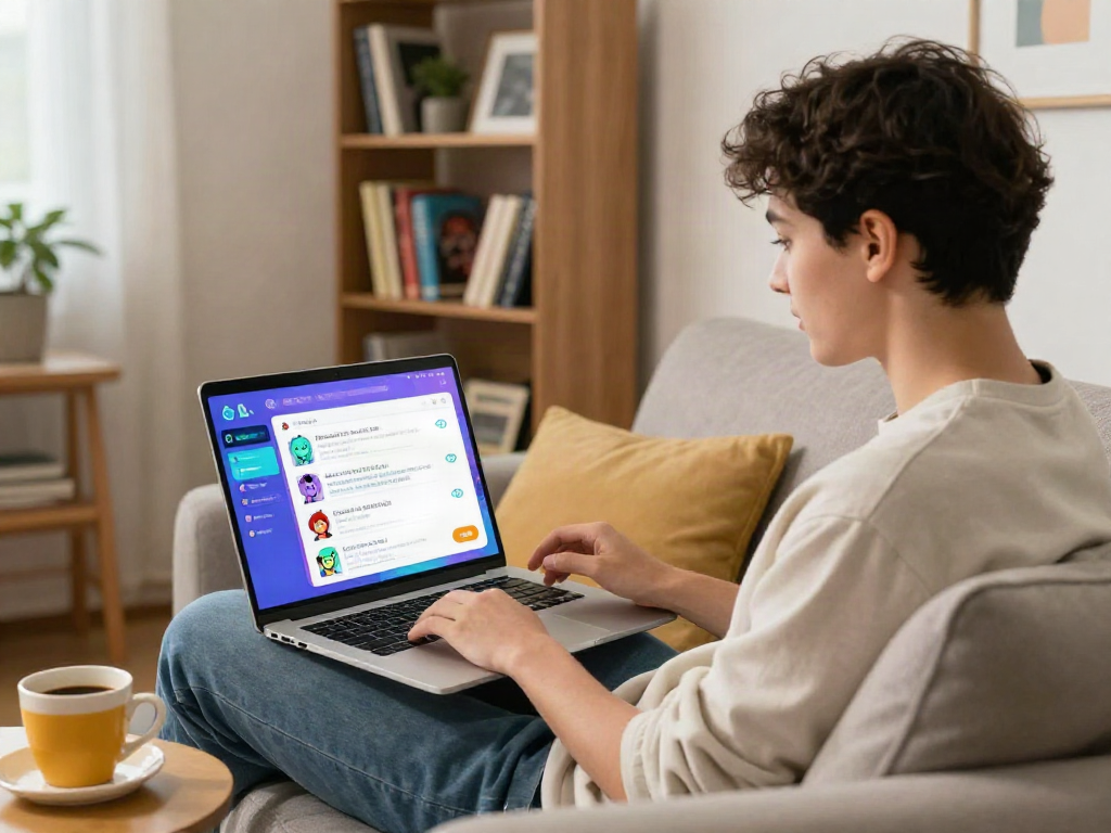 User engaging in AI porn chat on a laptop in a cozy room, showcasing digital avatars and a warm atmosphere.