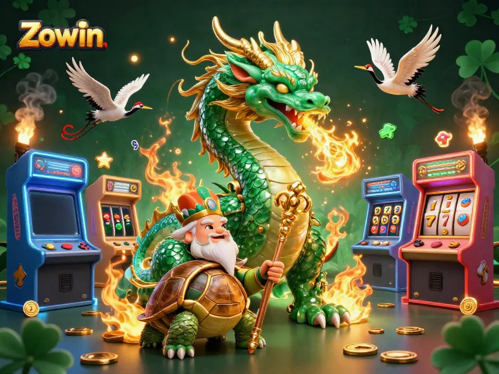 Experience thrilling gaming at Zowin with dragon and lucky symbols in a vibrant casino illustration.