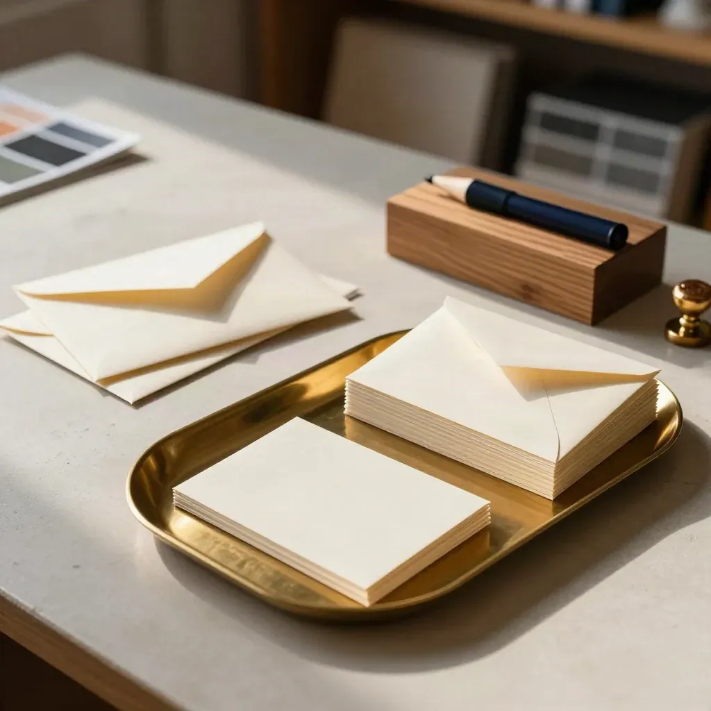 Sealed envelopes, blank name cards, brass tray, and wooden index box on a sunlit studio table.