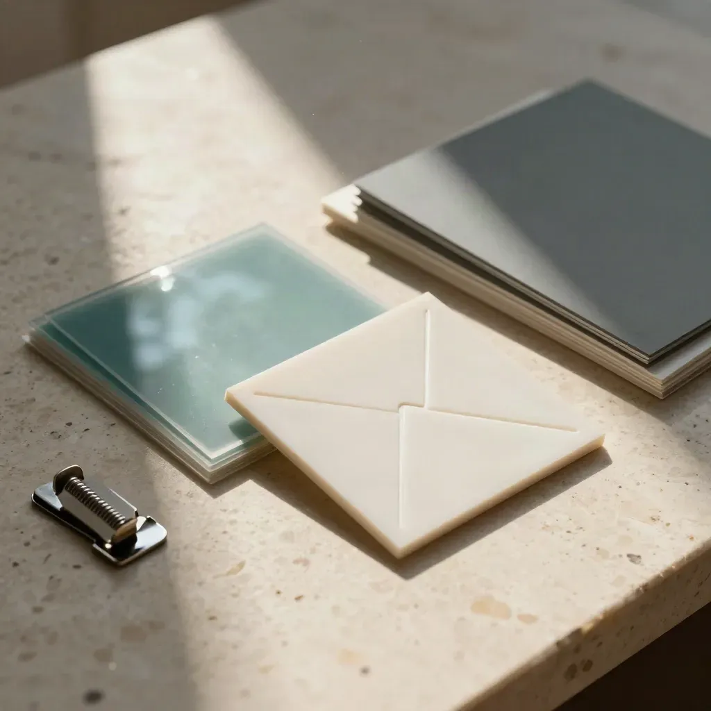 Logo proof tiles and acetate overlays sliding on travertine with a muted teal accent