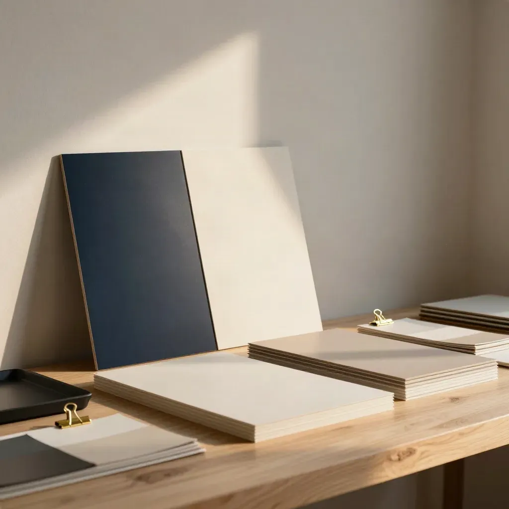 Pale oak brand identity studio with boards, swatches and cream materials in dramatic afternoon light