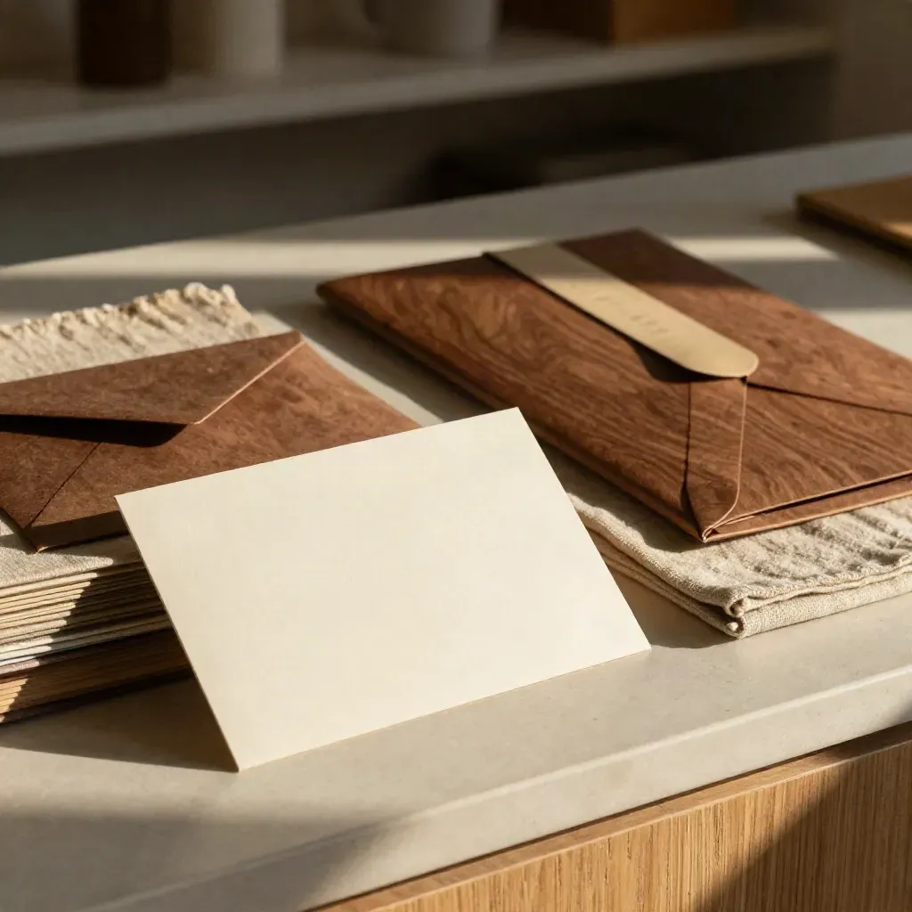 Stationery identity set on a plaster ledge in warm studio light