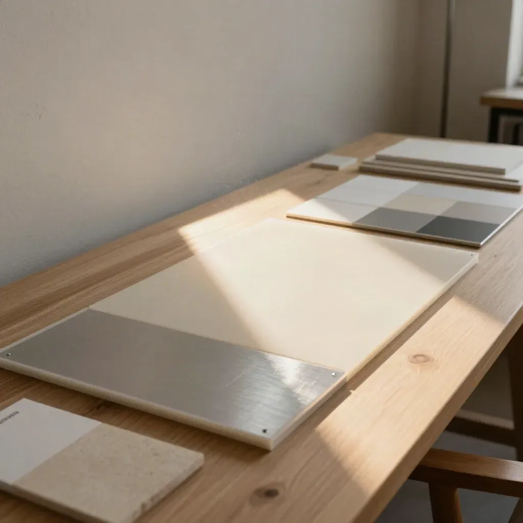 Cream strategy boards, sample materials, and neutral packaging in a bright branding studio.