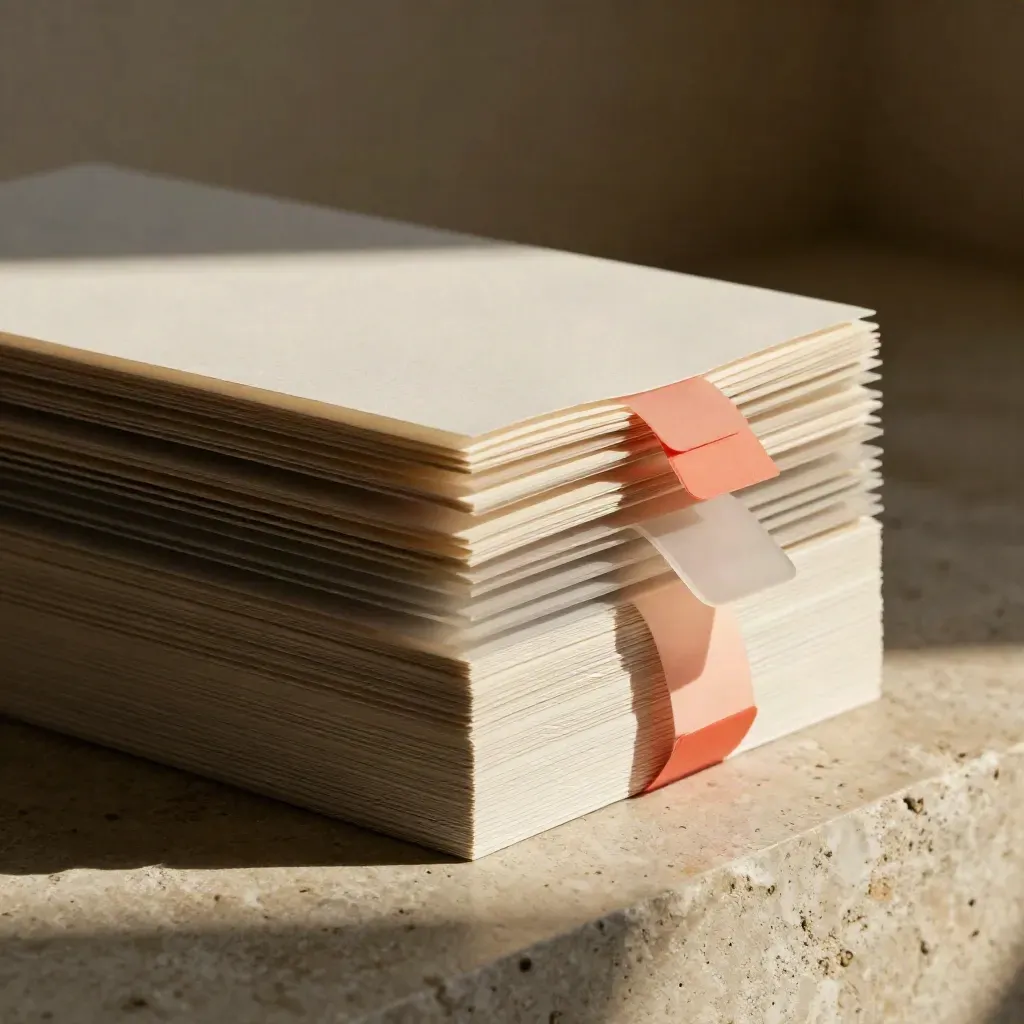 Macro of layered message cards and acetate tabs on a plaster plinth