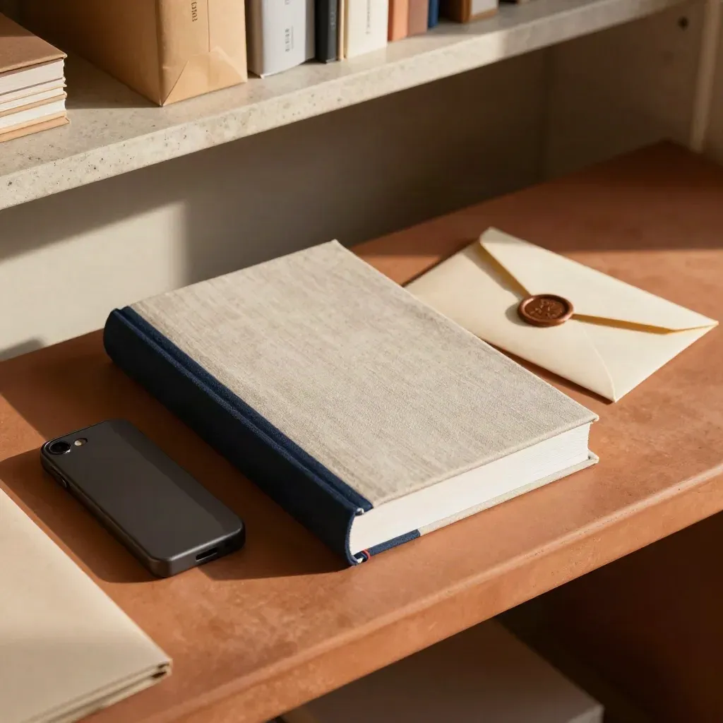 Brand guidelines pack with bound guide, archive box, drive sleeve and sealed envelopes on a studio bench.