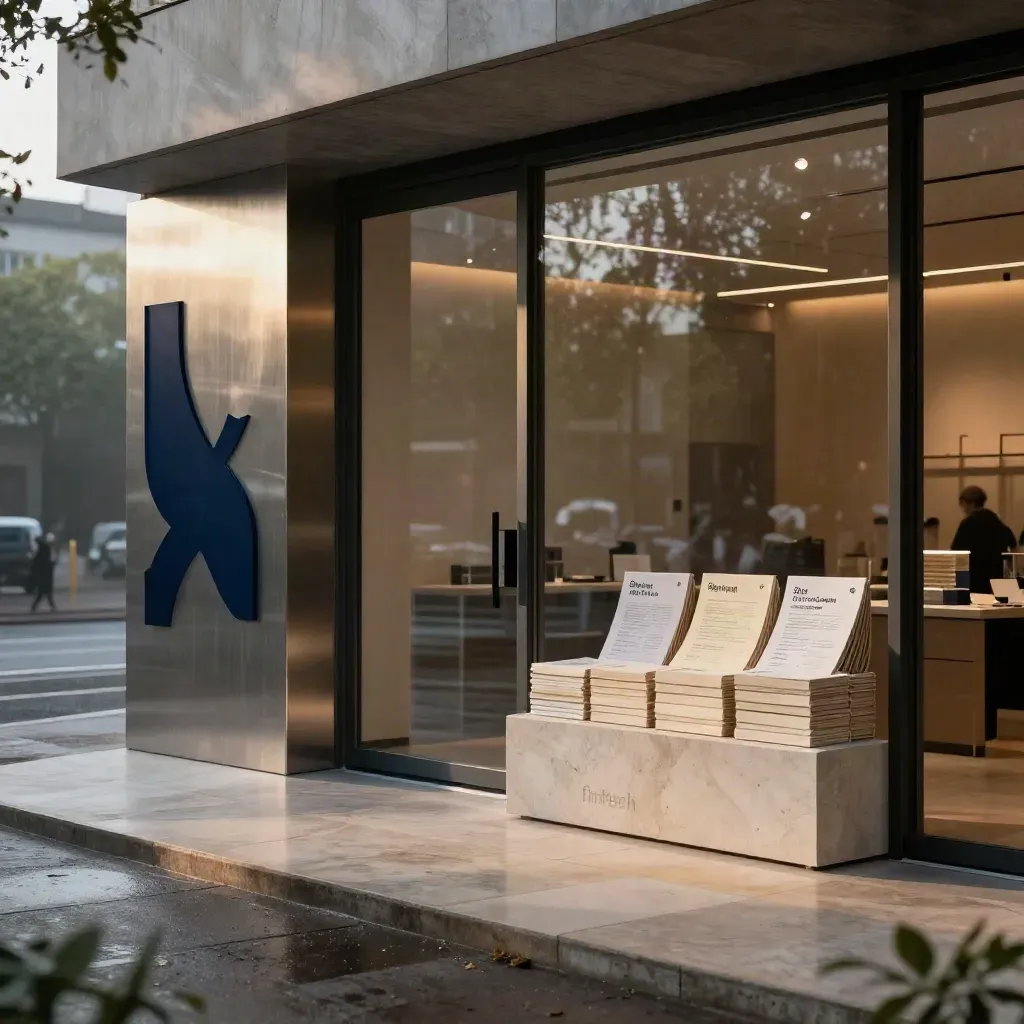 Fintech launch lobby with brushed metal monolith, glass portal and boxed identity materials at dusk