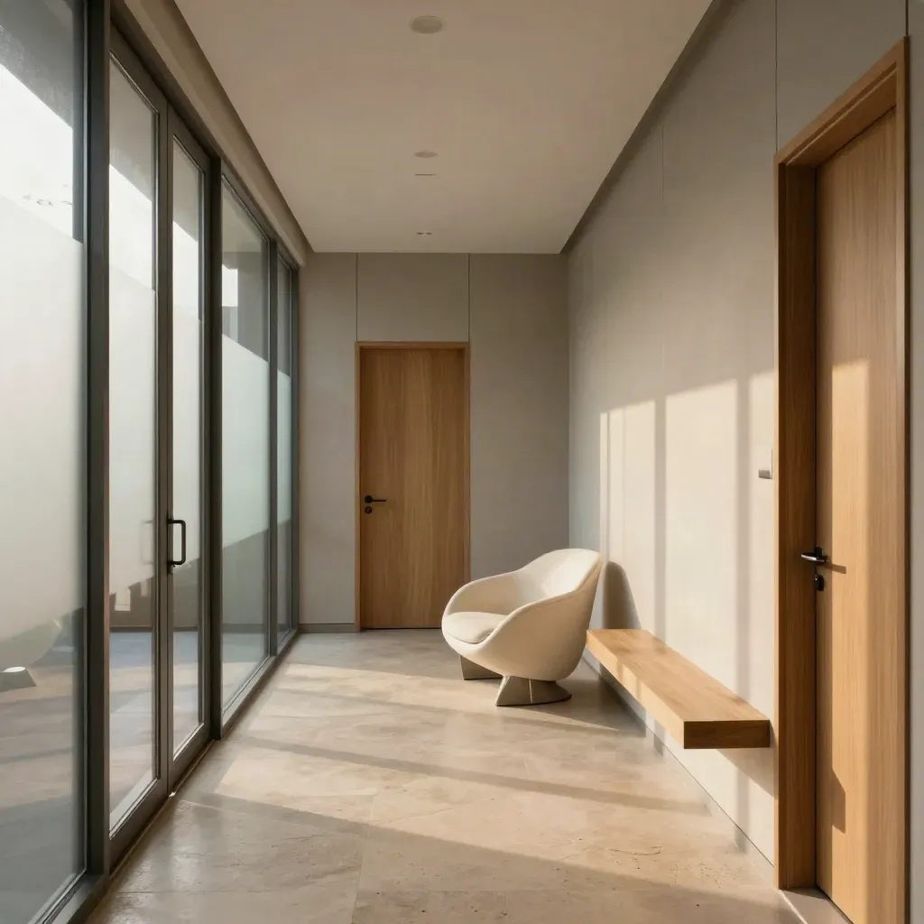 Refreshed clinic corridor with frosted glass bands, oak doors, and a sculptural chair in soft daylight.