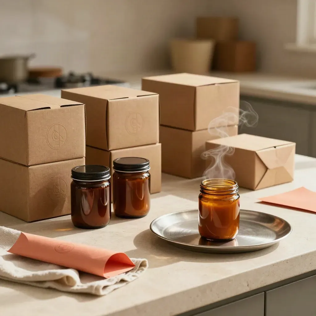 Food startup launch kit on a counter with cartons, jars, boxes and steam above a plated hero dish.