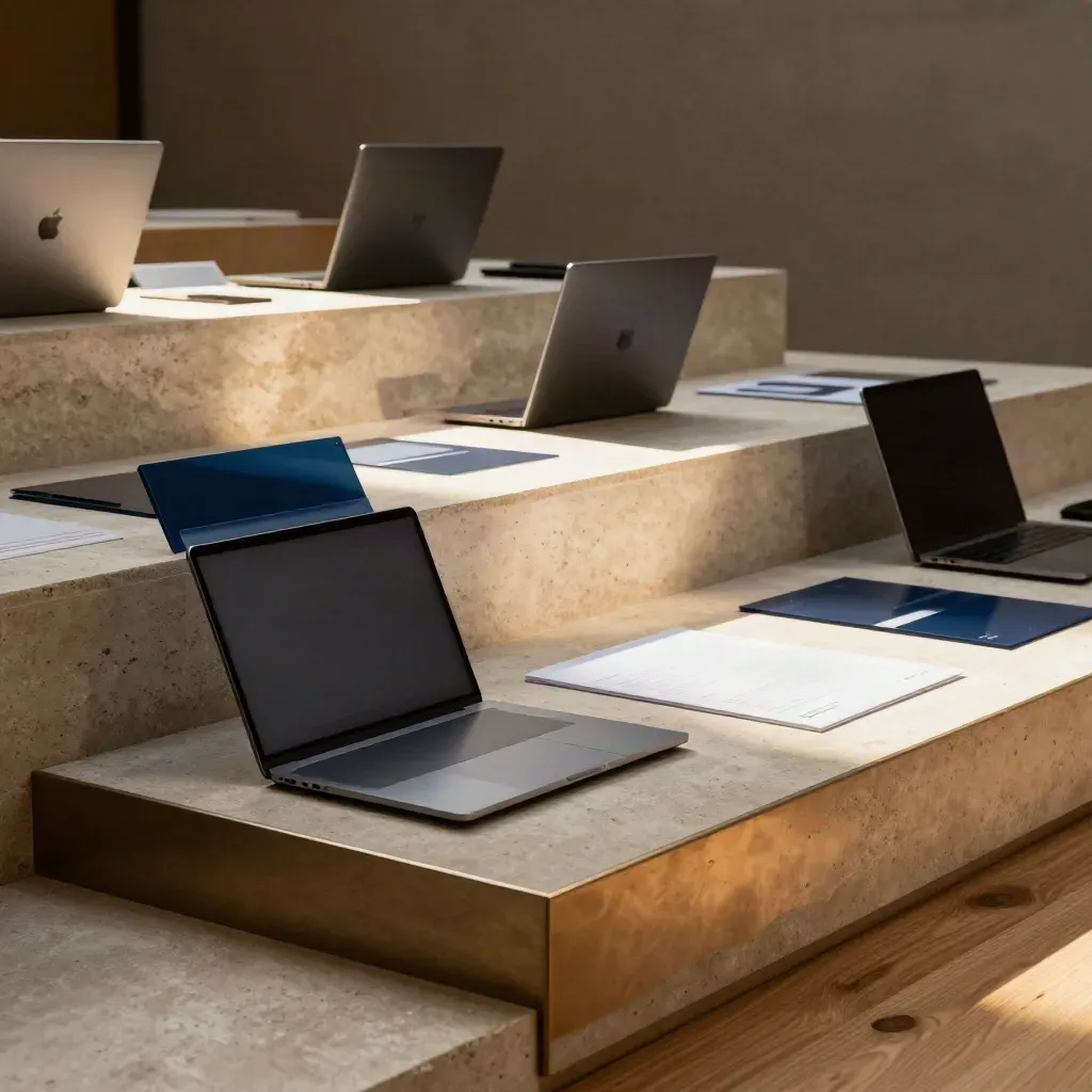 Moody launch room with identity plinths, laptops, and acrylic panels in dramatic light.