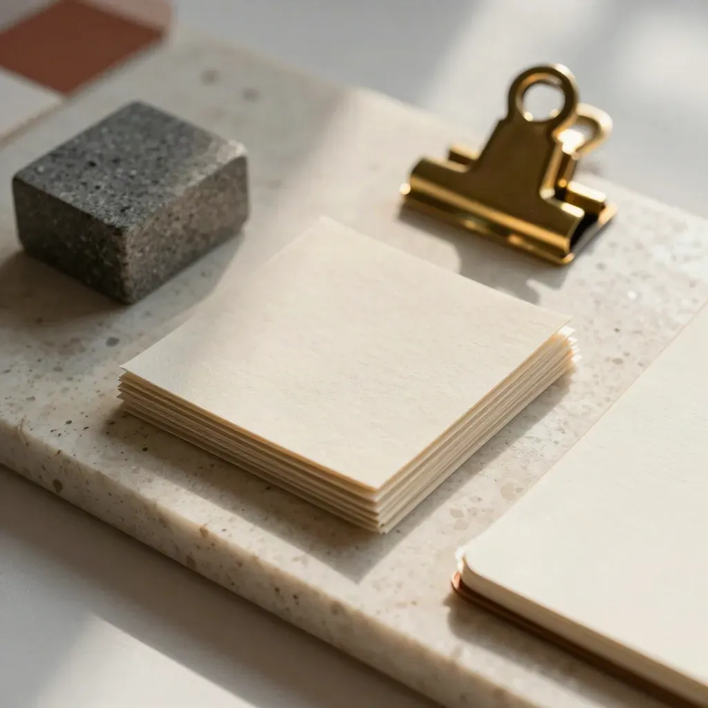 Macro still life of swatches, stone paperweight, brass clip and notebook edge on travertine.