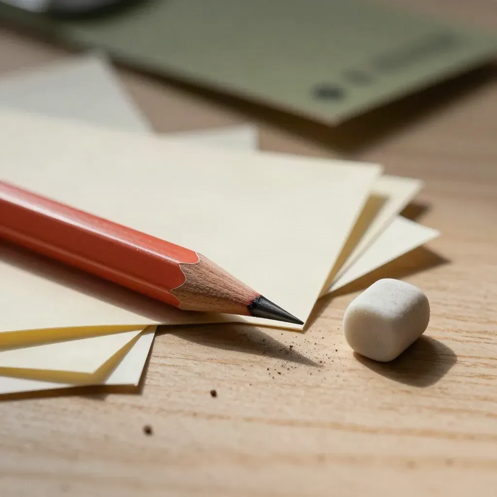 Macro of a pencil, eraser, blank cards and paper scraps on a desk in side light.