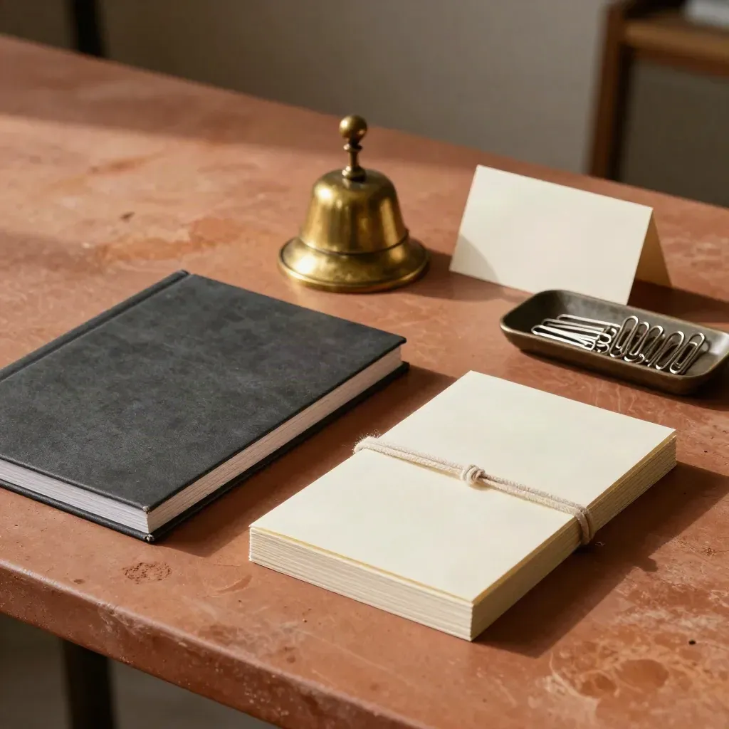 Brass bell, task folio, project cards and paper clips on a terracotta studio workbench.