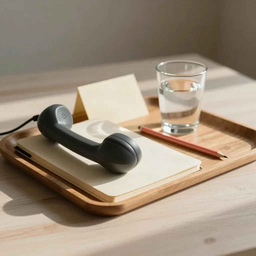 Closed notebook, handset, water glass and pencil on a warm wood tray