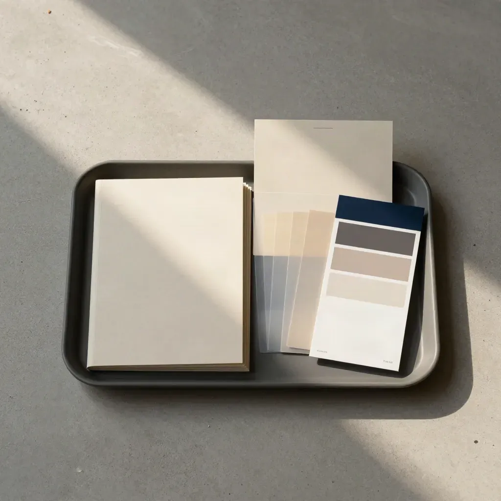 Overhead brand planning flatlay with folders, sleeves, and swatch cards on concrete.