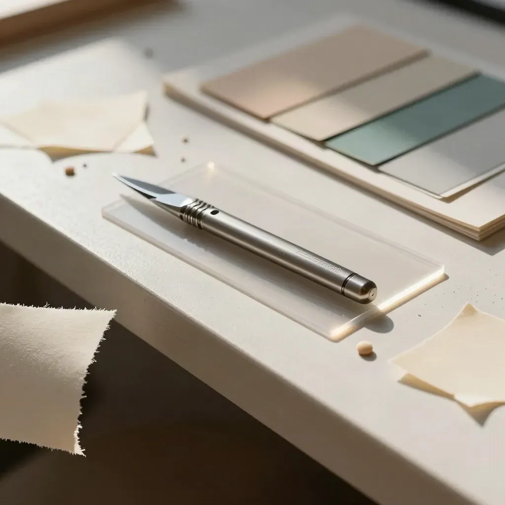 Design work tools and materials mid-assembly on a pale studio surface.