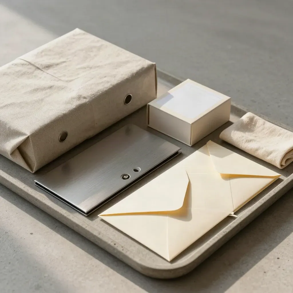 Stone tray with final files parcel, archive box, drive sleeve, and sealed envelopes.