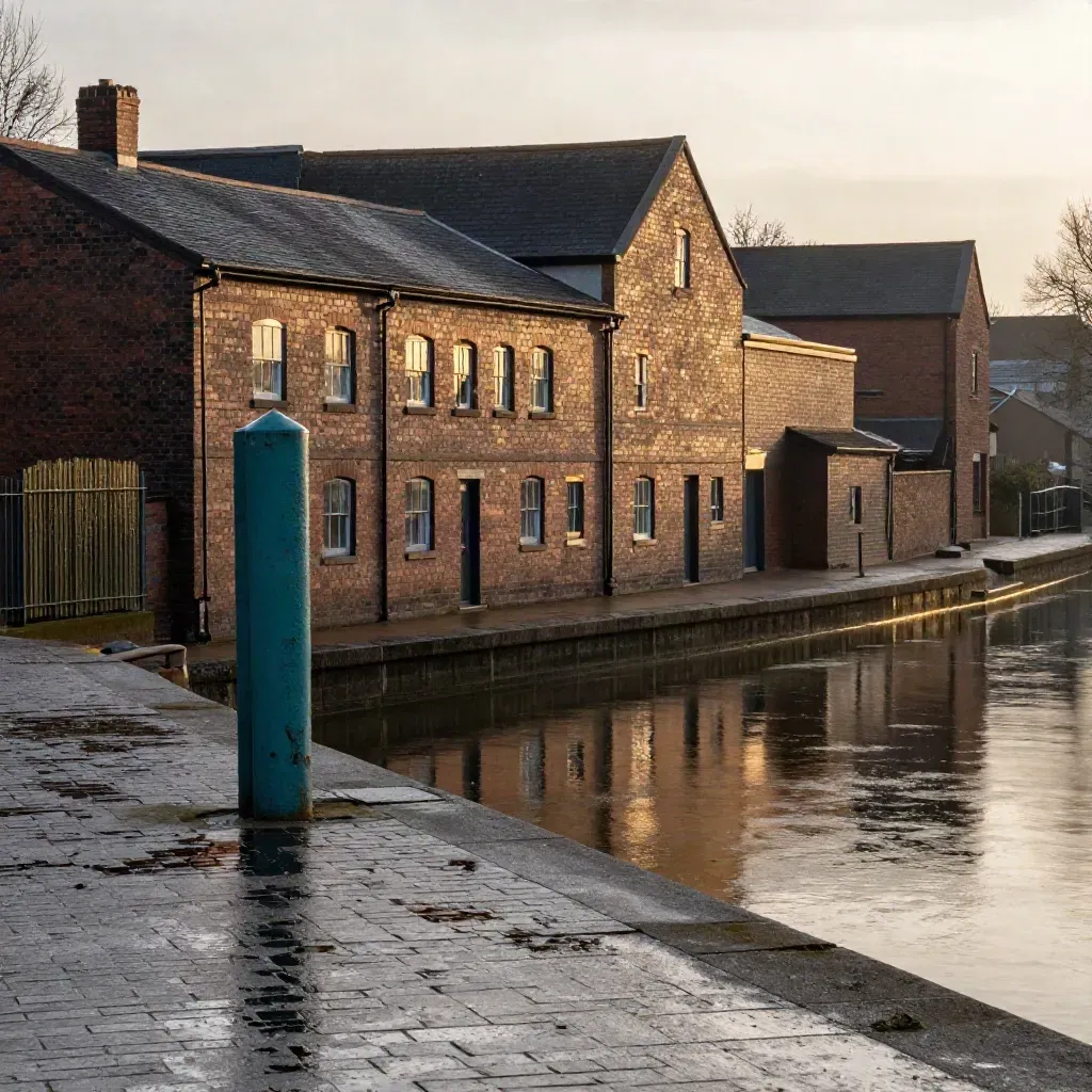 West Midlands canal at dusk with brickwork, reflections, and industrial rooflines