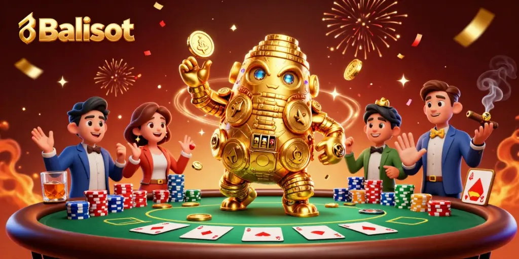 Experience Balislot's golden golem amidst a vibrant casino scene with poker elements.