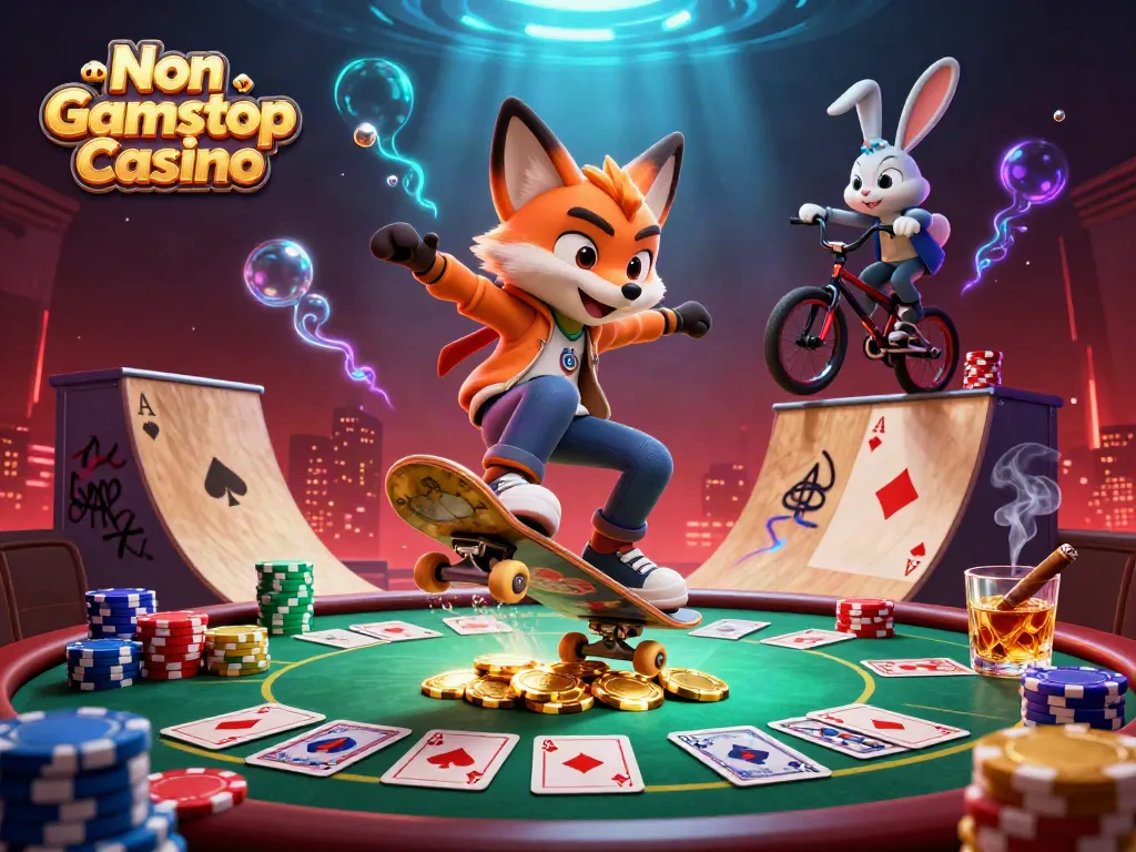 Engaging scene of a Non Gamstop Casino with a skateboarder fox and BMX rabbit showcasing vibrant casino elements.