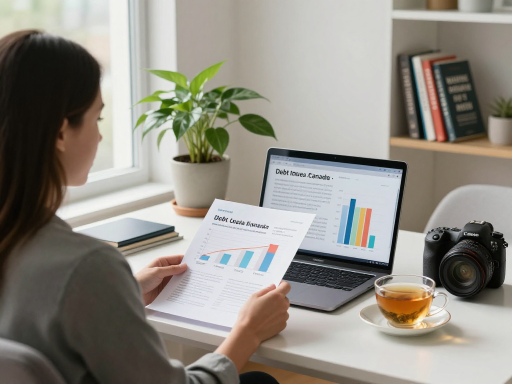 Debt consolidation Canada consultation in a warm home office with financial documents and tea.
