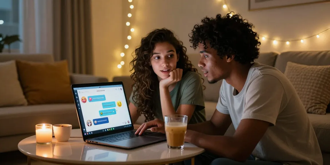 Couple enjoying an ai porn chat on a laptop in a cozy setting