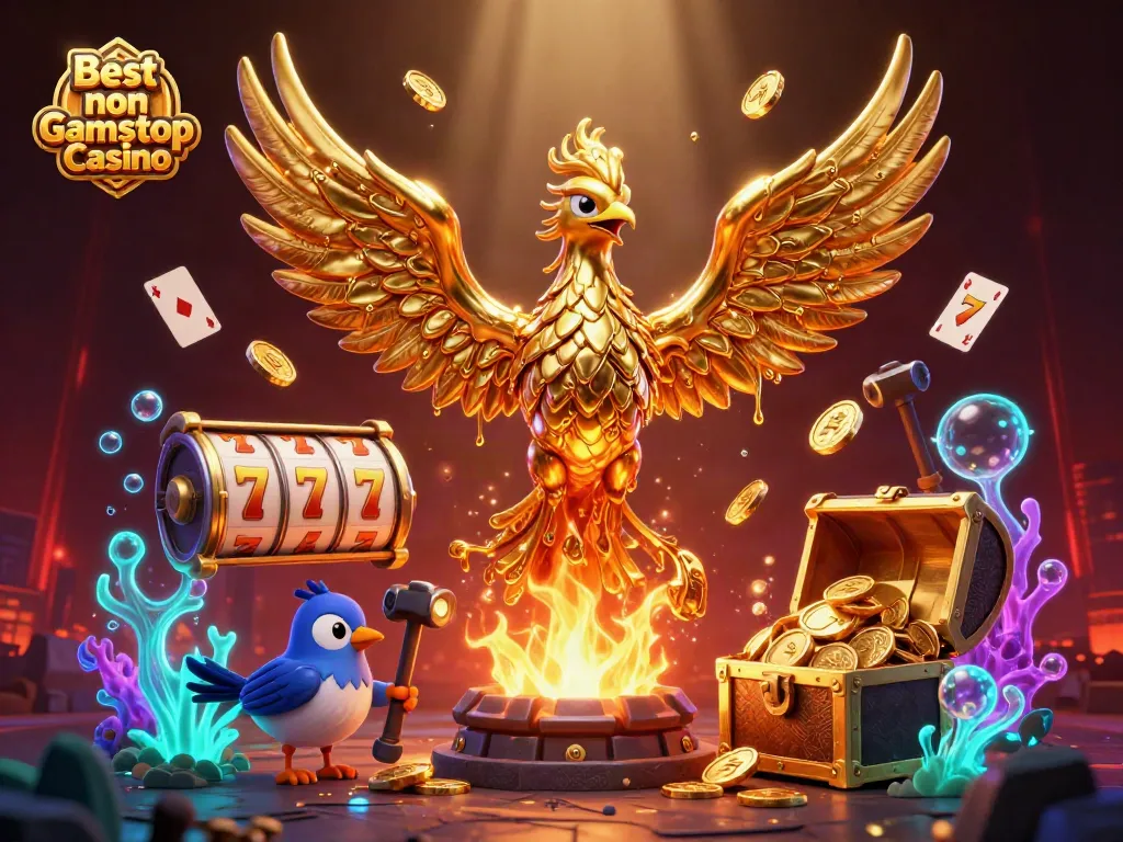 Experience the excitement of the Best non Gamstop Casino with a golden phoenix emerging from fiery creations.