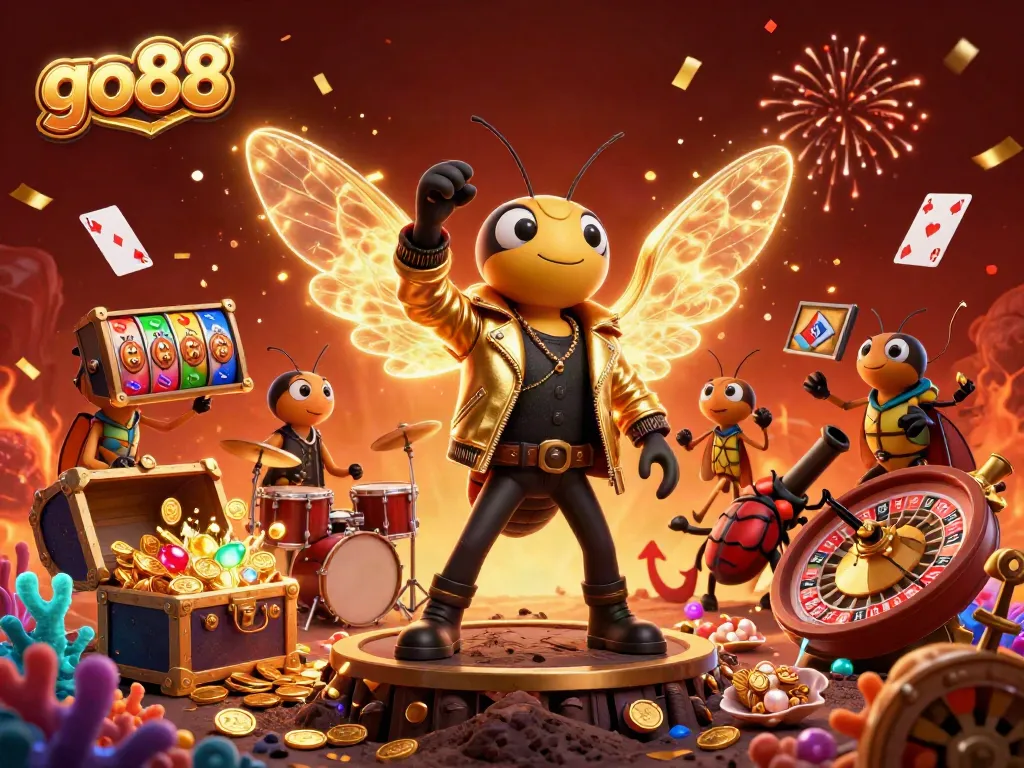 Engage in exciting go88 gaming with vibrant characters and sparkling casino elements surrounding them.