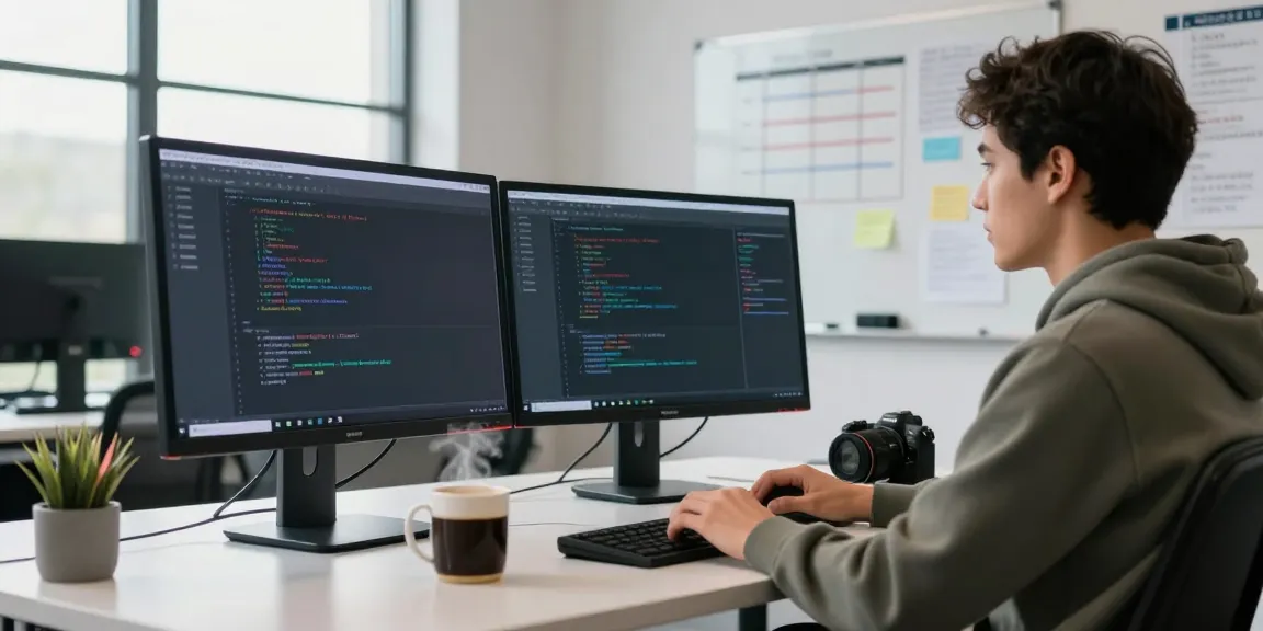 Developer actively coding while managing instant indexing tasks in a bright tech workspace.