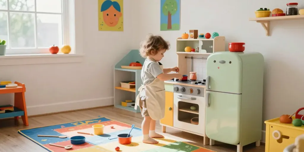 Engaging play kitchen scene with a child cooking, showcasing vibrant colours and imaginative play.