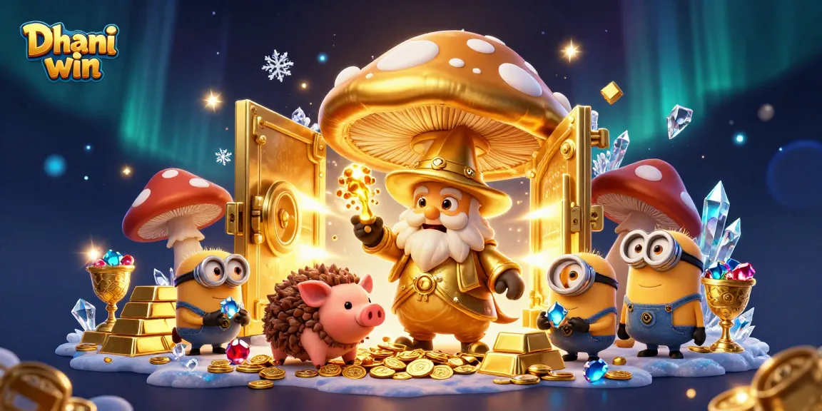 Dhani win players enjoying engaging lottery games with vibrant 3D magical illustrations and treasures.