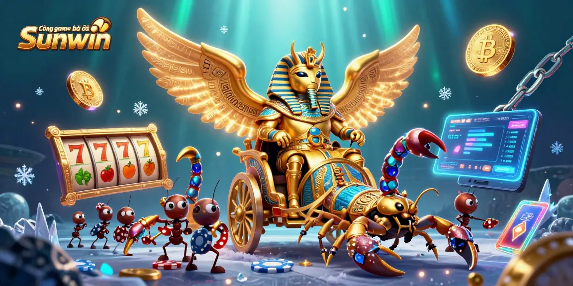 Cổng game bài đổi thưởng Sunwin showcases vibrant 3D art with a beetle figure and casino elements.