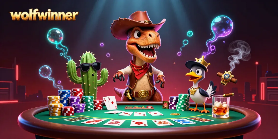 wolfwinner showcases a vibrant 3D scene with a cowboy dinosaur playing poker amidst colorful chips and glowing effects