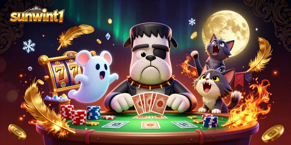 Experience gaming action at sunwint1 with a playful scene of unique characters at a casino table.